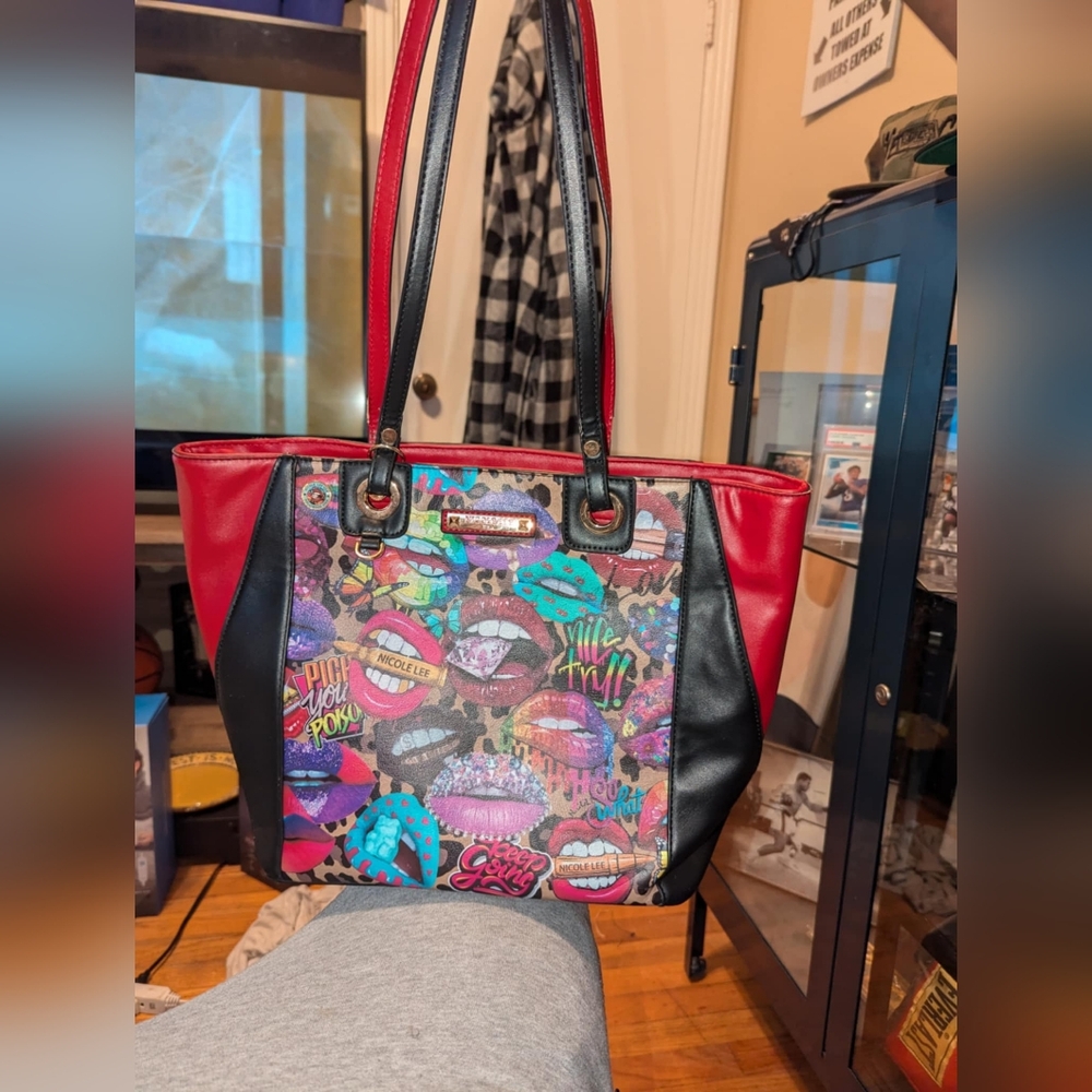Nicole Lee Red and Black Tote with Colorful Lips Design